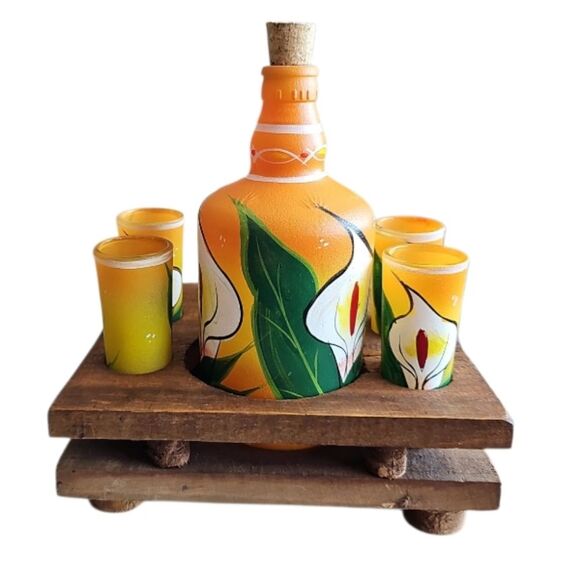 Vintage Grupo Corona Mexican Barware Set Hand-Painted Decanter + 6 Shot Glasses - Picture 4 of 16